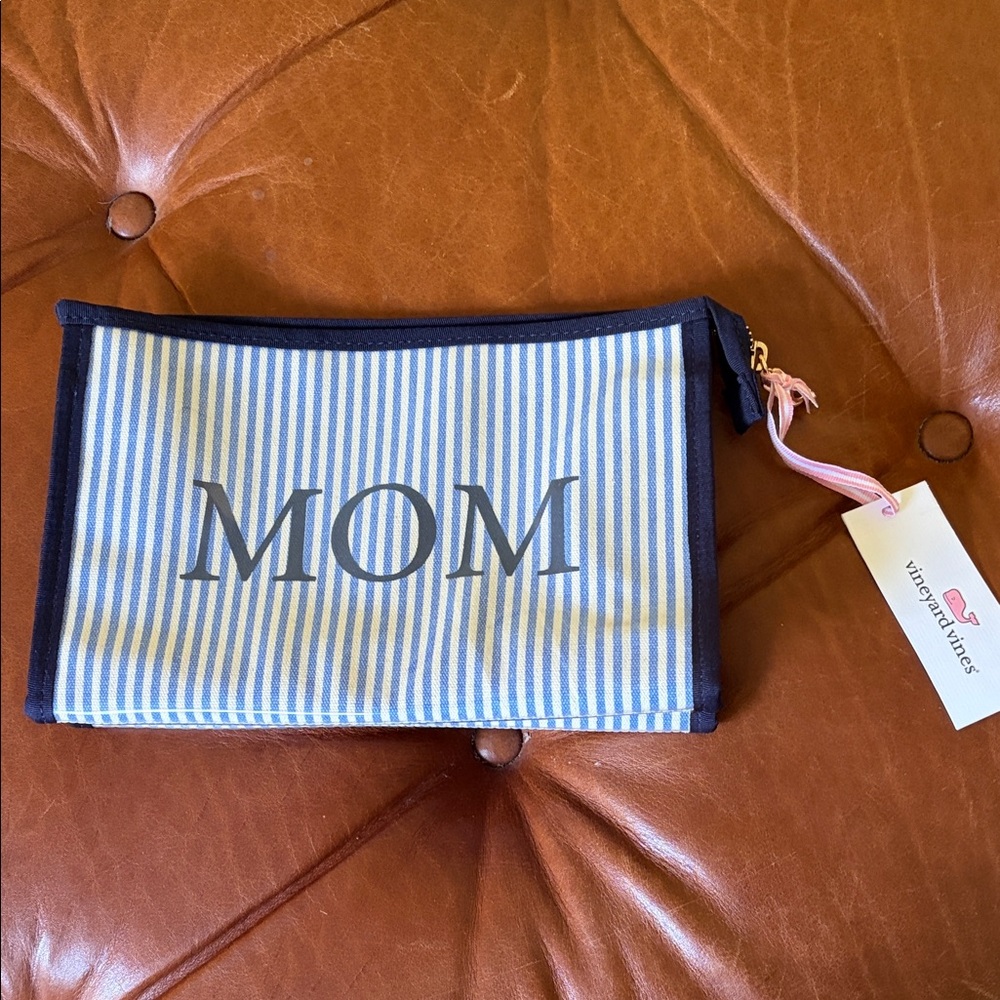 Vineyard Vines MOM Stripe Cosmetic Pouch in Blue & Navy
